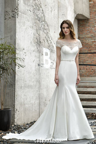 Bateau Short Sleeve Slim Mermaid Wedding Gown Satin Bridal Gown Sweep/Trump Train