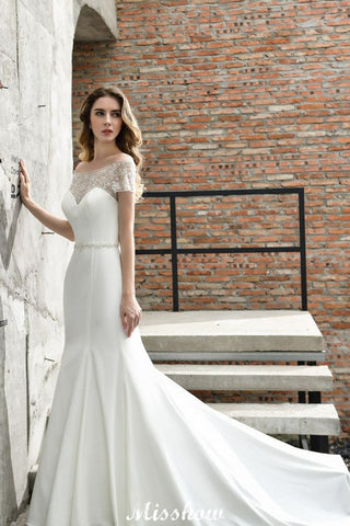 Bateau Short Sleeve Slim Mermaid Wedding Gown Satin Bridal Gown Sweep/Trump Train