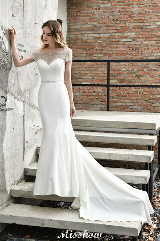 Bateau Short Sleeve Slim Mermaid Wedding Gown Satin Bridal Gown Sweep/Trump Train