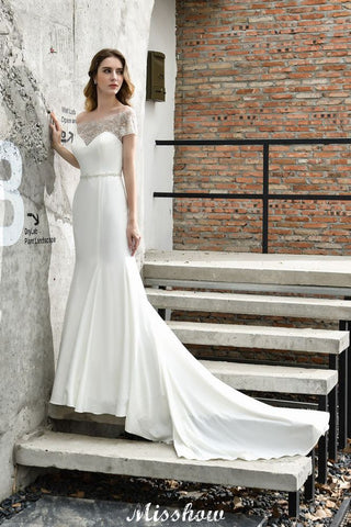 Bateau Short Sleeve Slim Mermaid Wedding Gown Satin Bridal Gown Sweep/Trump Train