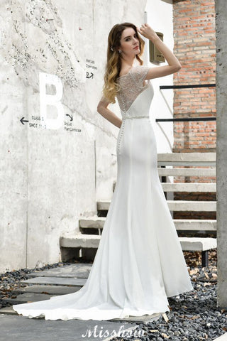Bateau Short Sleeve Slim Mermaid Wedding Gown Satin Bridal Gown Sweep/Trump Train