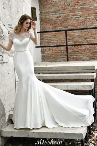 Bateau Short Sleeve Slim Mermaid Wedding Gown Satin Bridal Gown Sweep/Trump Train