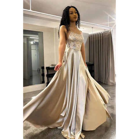 Vestido de fiesta de mujer con tirantes finos, apliques de encaje, corte A y abertura 