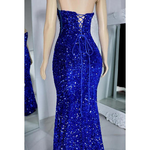 Robe de soirée charmante à col en V, sans manches, à paillettes et à lacets