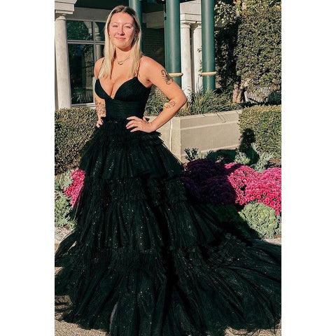 Vestido largo de fiesta de bienvenida con escote en V, tirantes finos y tul fruncido, corte A 