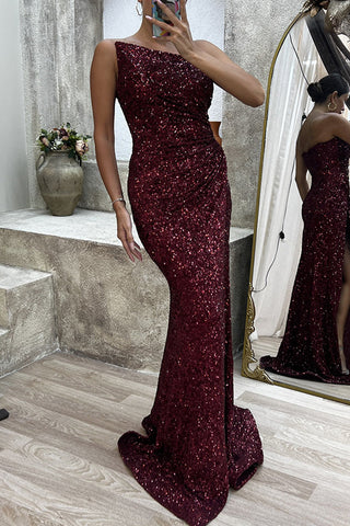 Robe de soirée sexy, élégante, unie, fendue, asymétrique, col oblique 