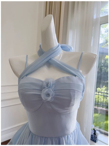 Elegante vestido de fiesta de cumpleaños con tirantes finos de gasa azul Y7573