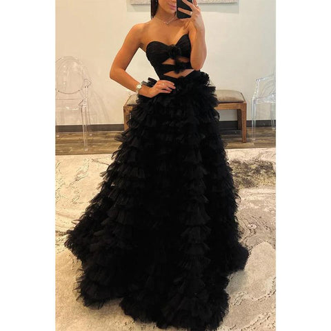 Vestido de noche para fiesta de graduación, escote corazón, sin tirantes, corte A, ilusión, capas, con abertura lateral 