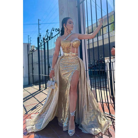 Vestido de fiesta de noche con un hombro al descubierto, brillante, con cuentas y corte A desmontable 