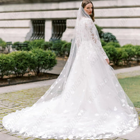 Princess Long Sleeve Wedding Dress For Women Romantic Lace High Neck Bride Party Gorgeous Applique Boho Bridal Gown