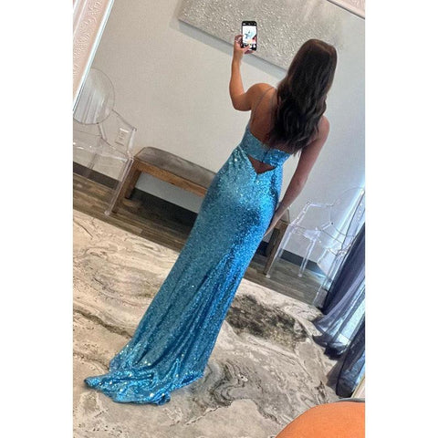 Vestido de noche largo con escote en V, tirantes finos, lentejuelas y aberturas