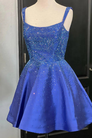 A Line Spaghetti Straps Blue Short Homecoming Dress with Beading