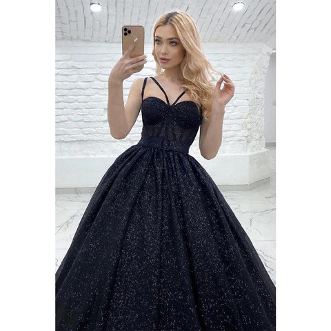 Vestido de fiesta brillante de corte A con tirantes finos y bolsillos 