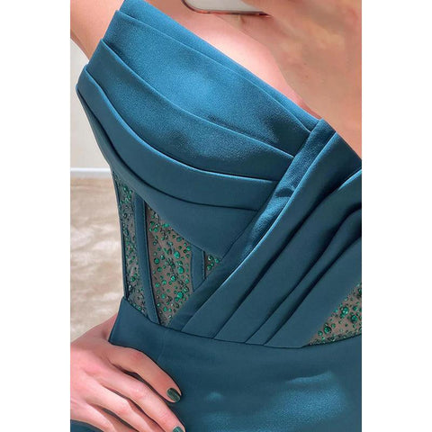 Vestido de noche largo de fiesta con escote en V, sin tirantes, fruncido, con cuentas y transparencias