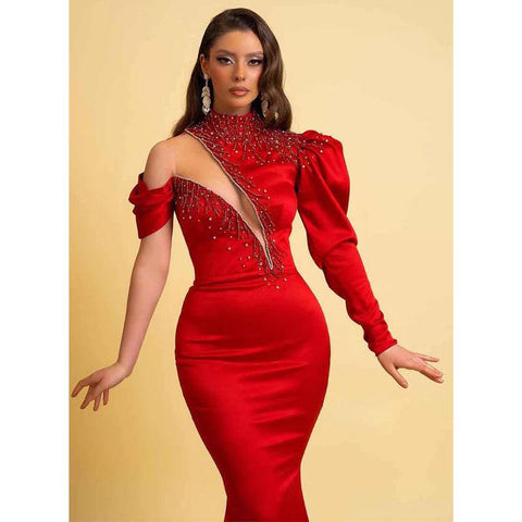 Vestido elegante de fiesta formal rojo de cuello alto con cuentas de satén y mangas largas 