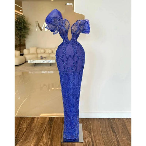 Vestido de noche largo azul con hombros descubiertos, bordado de cuentas, ilusión floral 