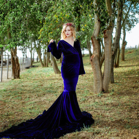 Gold velvet pregnant woman V-neck drag-tail dress long skirt photography dress fishtail skirt