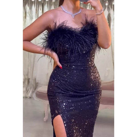 Robe de bal longue bustier scintillante à plumes et robes de soirée fendues 