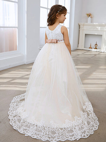 Ball-Gown/Princess Tulle Sweep Train Ivory  Flower Girl Dress
