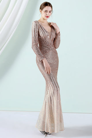 Golden Sequined Long Sleeves Evening Dress