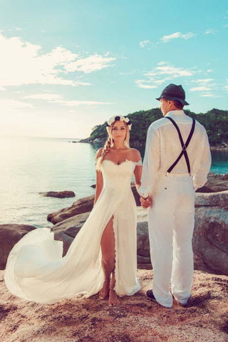 Beach Lace Off The Shoulder Long Chiffon Wedding Dresses