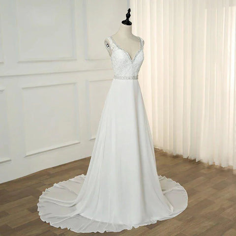 Robe de mariée de plage à double col en V, sans manches, avec appliques de perles, coupe trapèze, en mousseline de soie 