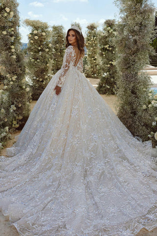 Beautiful A-line V-neck Lace Appliques Tulle Wedding Dress With Long Sleeves