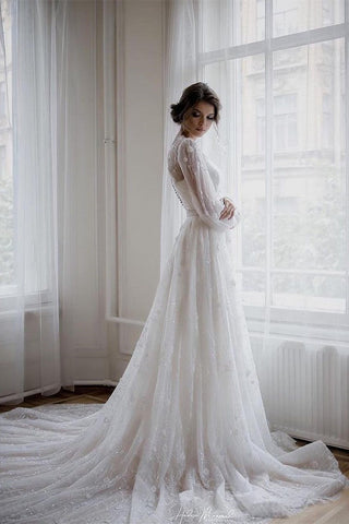 Beautiful A-line White Long Sleeves Lace Appliques Wedding Dress