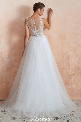 Beautiful Bateau Neck White Wedding Dress Sparkly Sequins Lace Bridal Gown