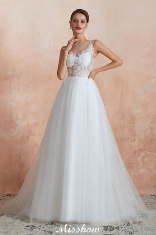 Beautiful Bateau Neck White Wedding Dress Sparkly Sequins Lace Bridal Gown