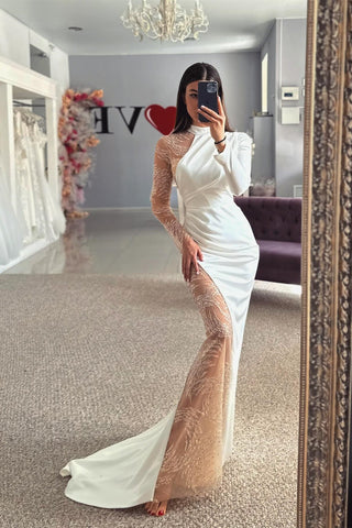 Beautiful Column Satin Lace Halter Long Sleeve Wedding Dress With Appliques