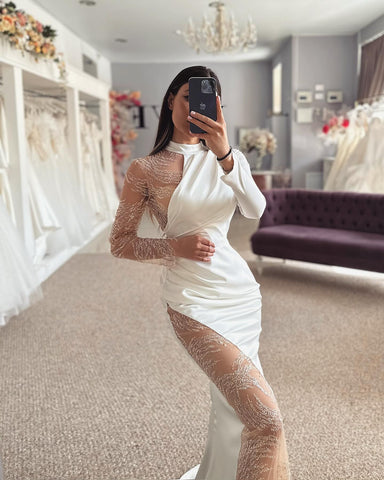 Beautiful Column Satin Lace Halter Long Sleeve Wedding Dress With Appliques