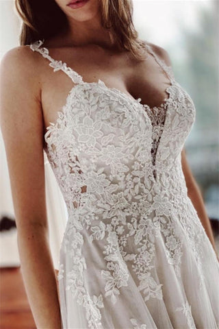 Beautiful Ivory A-Line Lace Wedding Dresses With Slit