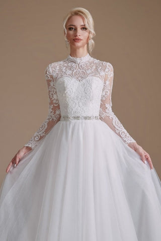 Beautiful Jewel Long-Sleeve A-Line Floor-Length Wedding Dresses with Pattern