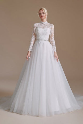 Beautiful Jewel Long-Sleeve A-Line Floor-Length Wedding Dresses with Pattern
