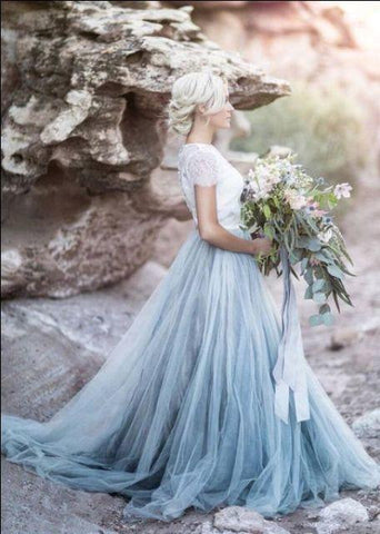 Beautiful lace Top Short Sleeves Prom Dress A Line Wedding Dresses  WD409