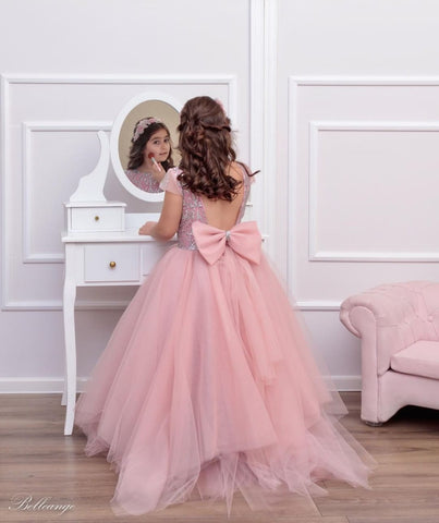 Beautiful Long A-line Bateau Sequins Lace Backless Tulle Flower Girl Dress With Bowknot