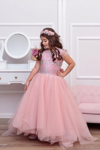 Beautiful Long A-line Bateau Sequins Lace Backless Tulle Flower Girl Dress With Bowknot
