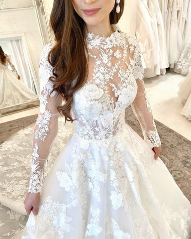 Beautiful Long A-line High Neck Lace Open Back Wedding Dress with Sleeves