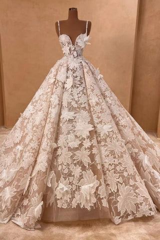 Beautiful Long A-line Spaghetti Straps Lace Appliques Sleeveless Wedding Dresses