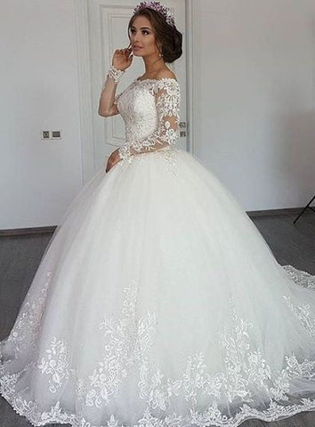 Beautiful Long Sleeve Off the Shoulder Appliques Lace Princess Wedding Dress