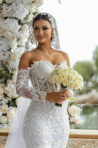 Beautiful Long White Mermaid Off-the-shoulder Lace Glitter Wedding Dress with Long Sleeves