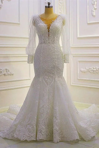 Beautiful Mermaid Long Sleeves Lace Appliques Wedding Dress With Train