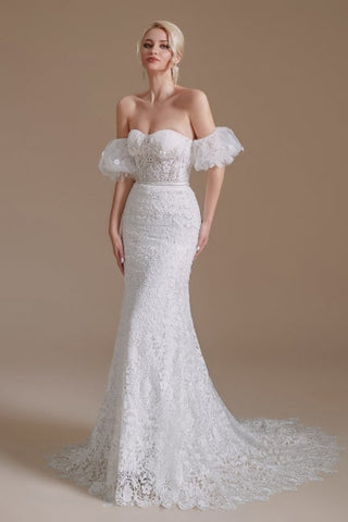 Beautiful Off-the-shoulder Sleeveless Mermaid Floor-Length Lace Wedding Dresses with Applique