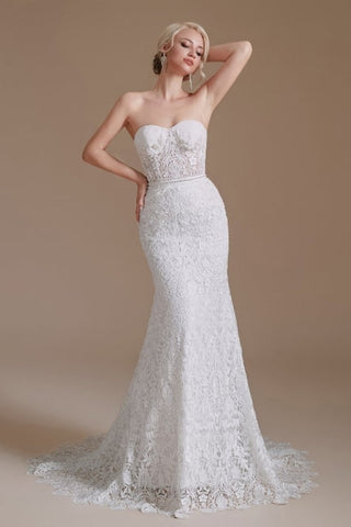 Beautiful Off-the-shoulder Sleeveless Mermaid Floor-Length Lace Wedding Dresses with Applique