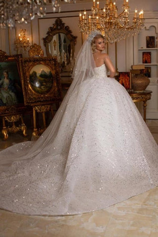 Beautiful Off-the-shoulder Sweetheart Sleeveless Ball Gown Wedding Dress With Glitter