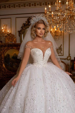 Beautiful Off-the-shoulder Sweetheart Sleeveless Ball Gown Wedding Dress With Glitter