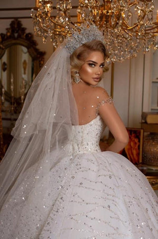 Beautiful Off-the-shoulder Sweetheart Sleeveless Ball Gown Wedding Dress With Glitter