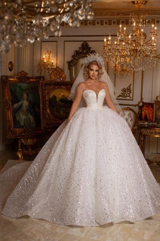 Beautiful Off-the-shoulder Sweetheart Sleeveless Ball Gown Wedding Dress With Glitter
