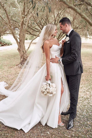 Beautiful Simple White A-line Wedding Dress With Side Slit